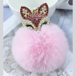 Baby Pink Fox Head Jeweled Pom Pom Keychain NEW
